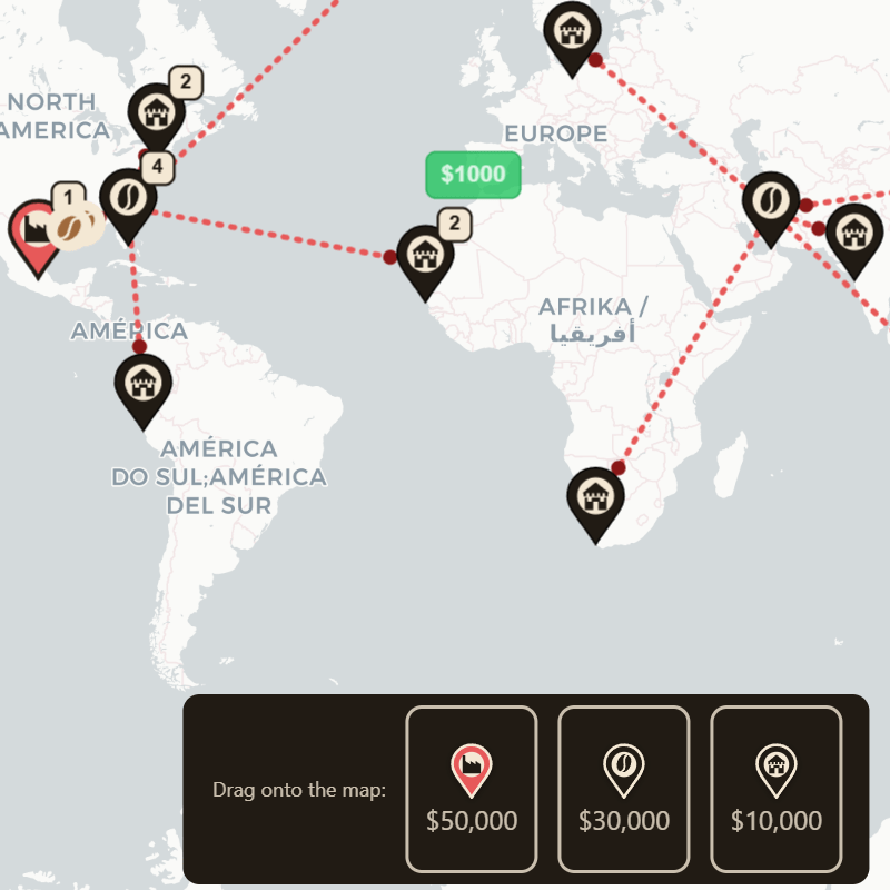 A GoJS diagram atop a Leaflet.js map, with nodes placed at latitude and longitude based locations.