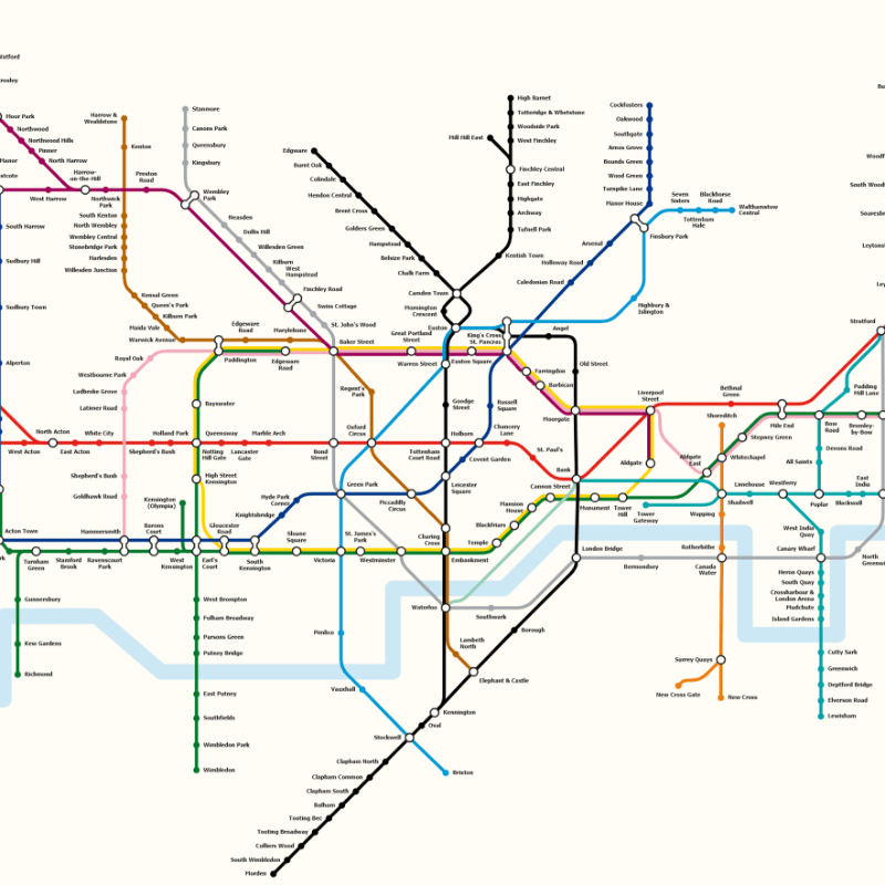A diagram of the London Underground Tube, with every station, interchange, and line.