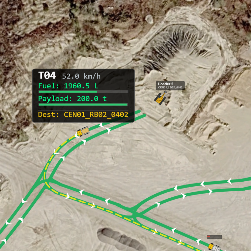 A mine haulage simulation over an aerial quarry photo: haul trucks with live telemetry HUDs drive the road network, loading, hauling, dumping and refueling.