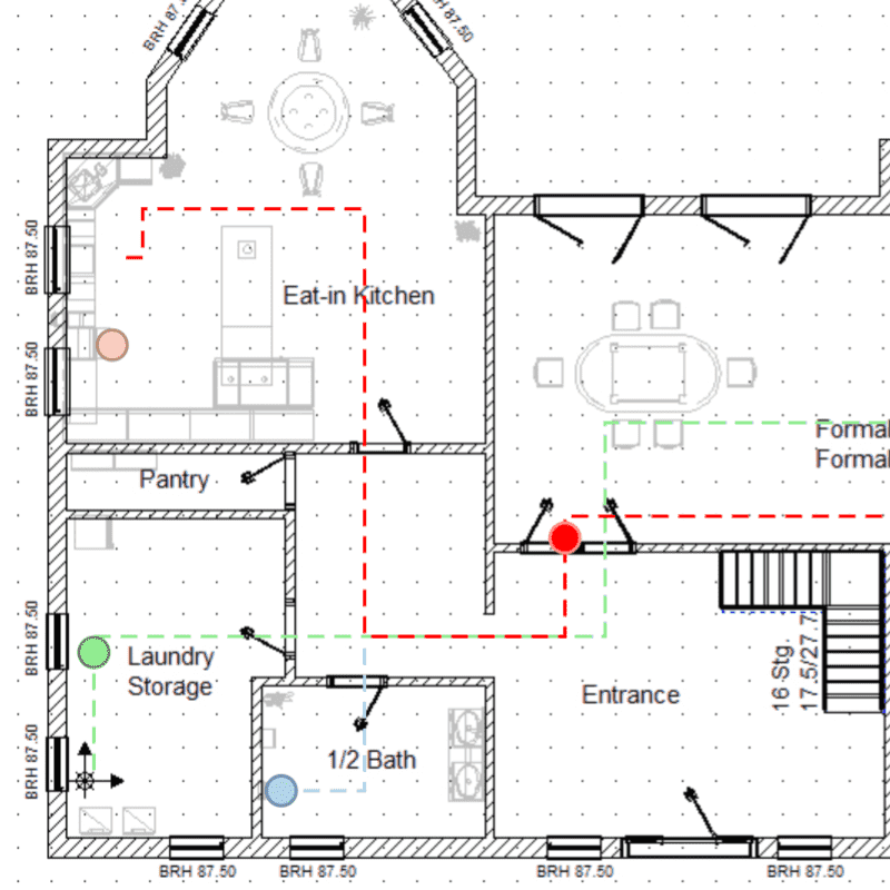 GoJS diagram demonstrating the versatility of the available tools. Using the avoid nodes link router to give nodes path finding for navigating through a house with fluid movements from animations.