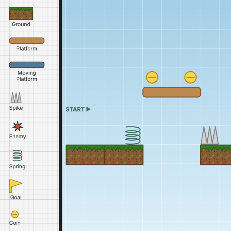 Build a 2D platformer game level with a Palette of obstacles, then play through it with keyboard movement and physics.