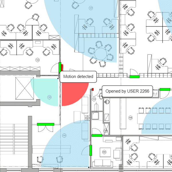 Example of a security dashboard made with GoJS. Diagram for monitoring live video feeds and swipe access doors.