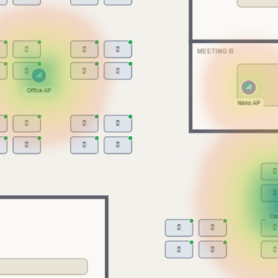 Plan Wi-Fi coverage for an office floor plan by placing access points and repeaters, with signal strength shown by the HeatMap extension.